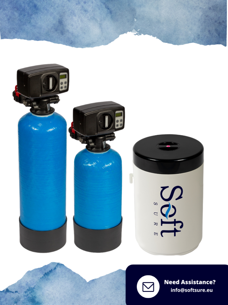 SoftSure DUO small and medium water softeners with contact information in the corner